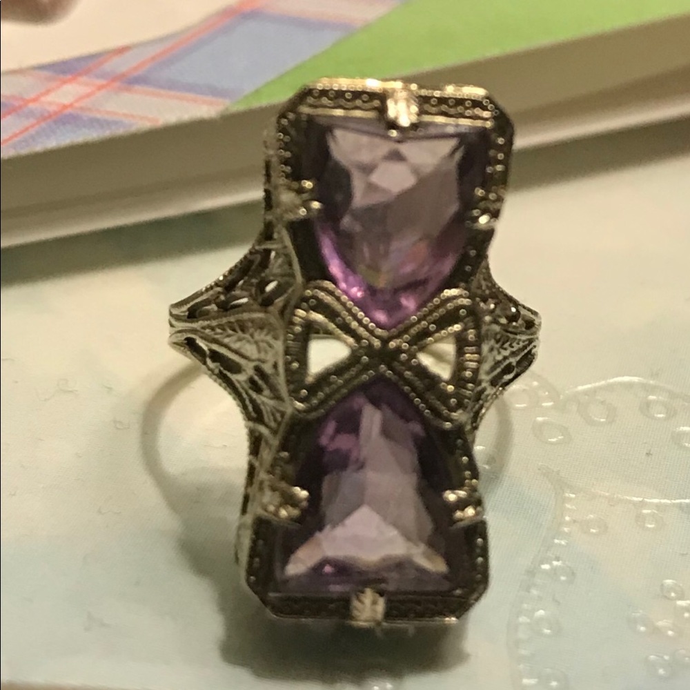 14k gold Art Deco filigree amethyst ring